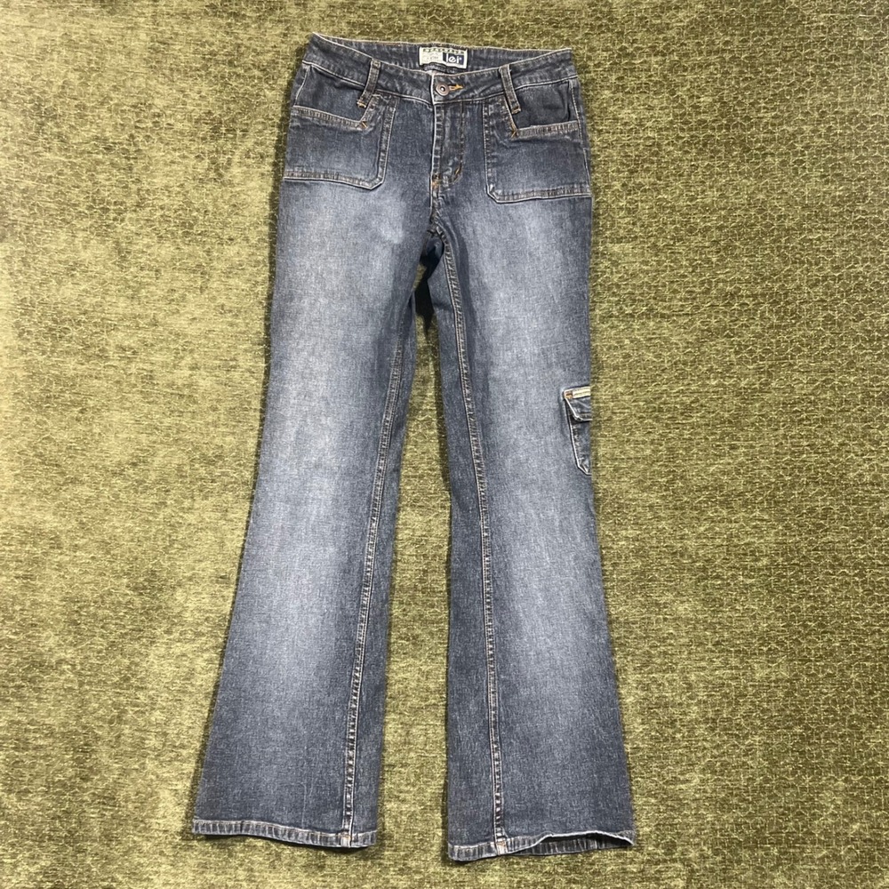 L.E.I. Jeans Women Size 1 Blue Workwear Flare Cargo Patch Pocket Denim Pants Y2K